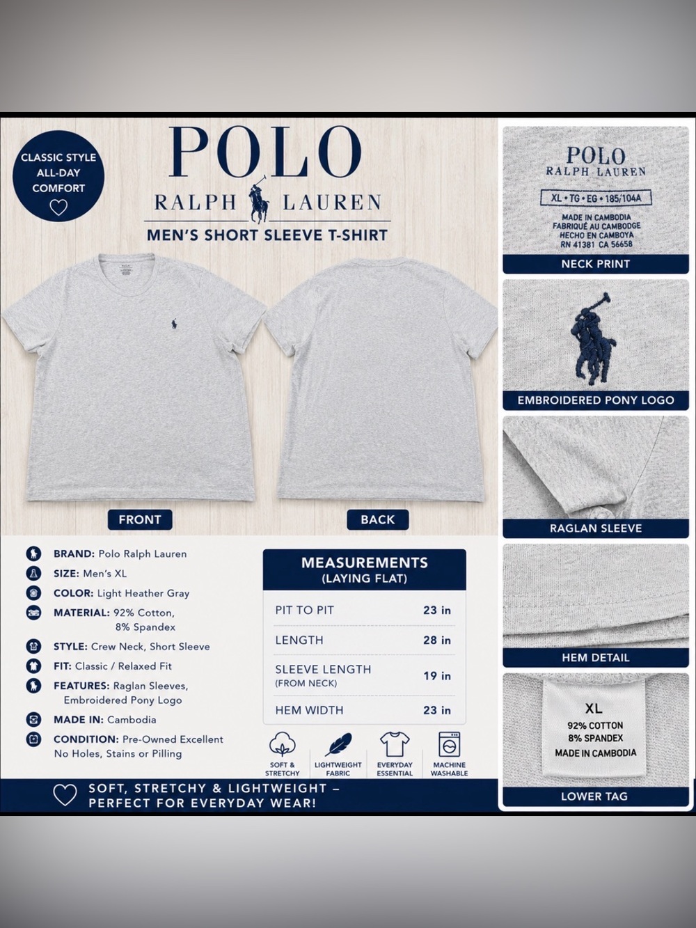 Polo by Ralph Lauren Light Heather Gray Short Sleeve Tee with Navy Pony XL